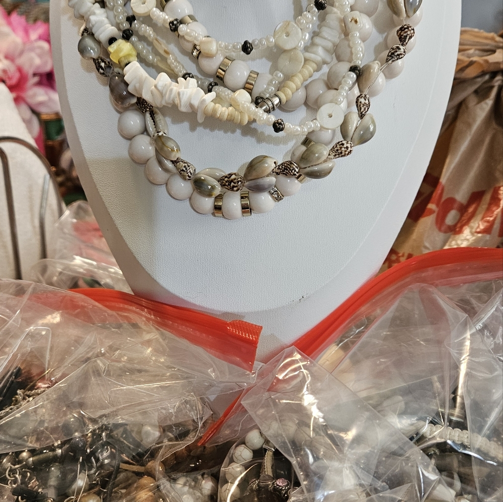 Chic Layered Beaded Necklace in White and Cream